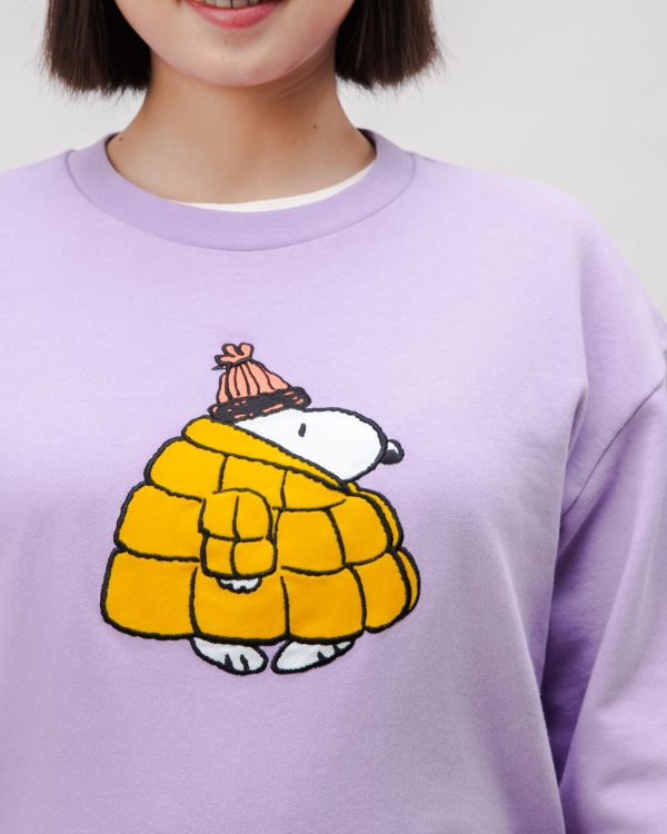 Peanuts Snow Rounded Cotton Sweatshirt Lavender Pas cher