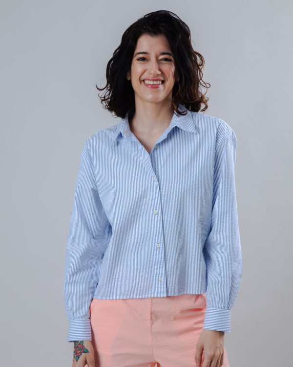 Seersucker Boxy Blouse Blue Soldes en ligne